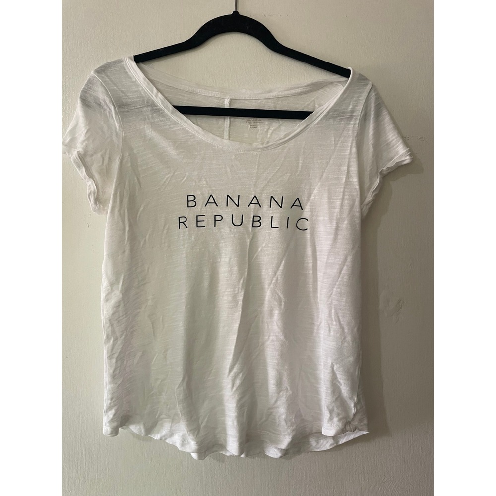 Banana Republic Womens White Logo Graphic T-Shirt Cotton Modal Slub Tee Small